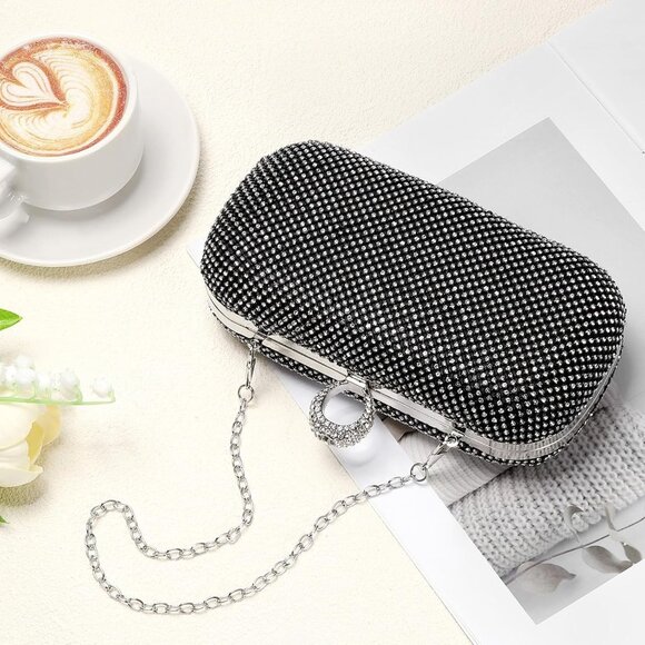 Women Black Sparkly Rhinestone Evening Clutch Purse Crystal Ring Clasp Handbag - Picture 6 of 6